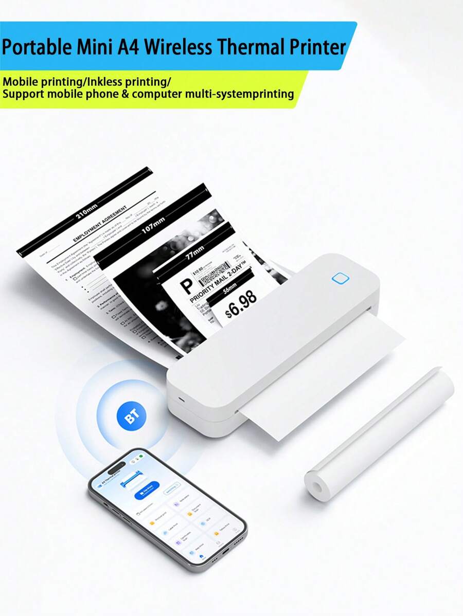A4 Portable Wireless Travel Printer, Thermal Inkless Printer, A4 Thermal Printer Paper,Supports 8.5" X 11" US Letter Paper,Mobile Printer Compatible With IPhone Android Windows For Office, Home And Car - Please Select Printer Or Paper Option - A4 Thermal Printer - View 1