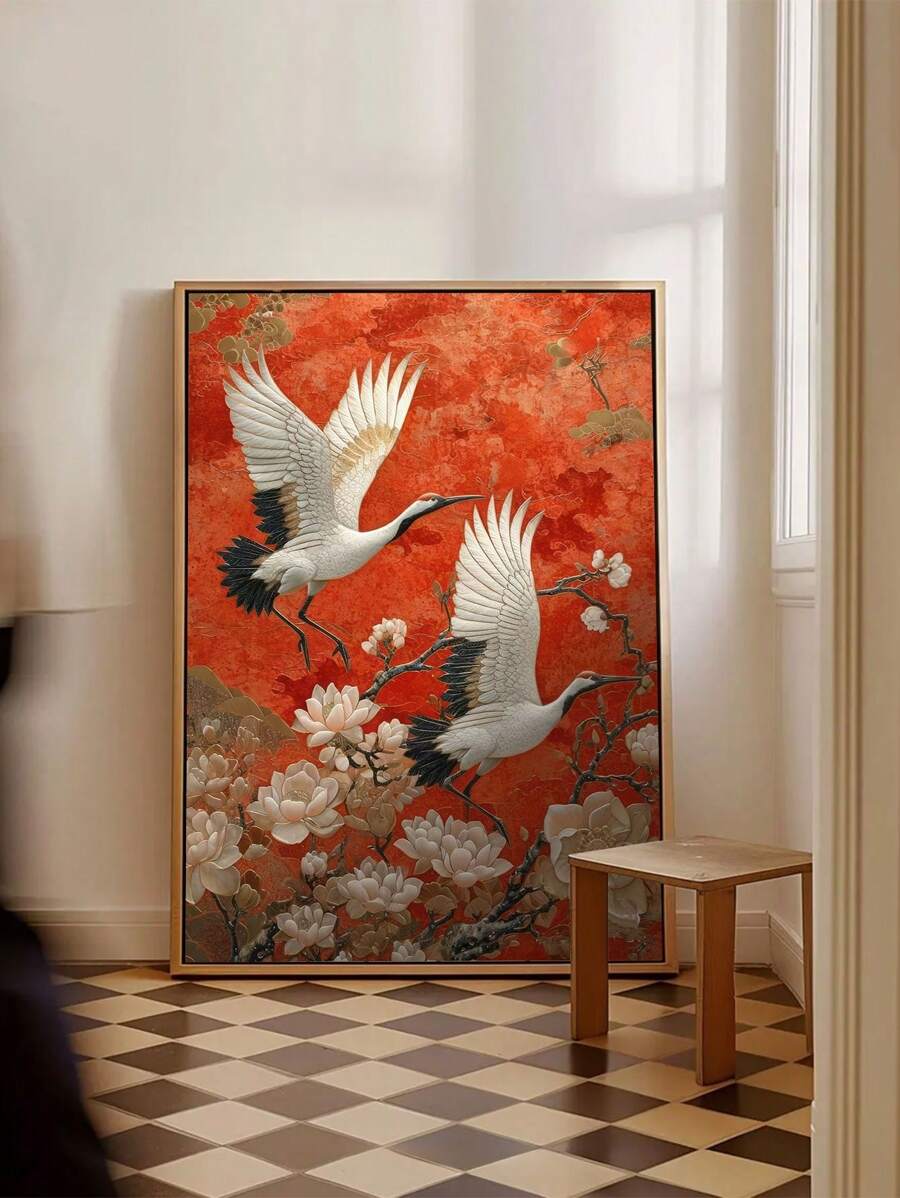 1 件优雅中国鹤帆布艺术 - 防水，水墨印刷墙面装饰，适用于客厅、卧室、办公室 - 独特的花卉和鸟类设计，无框 - 紅色 - 查看 1