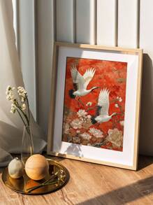1 件优雅中国鹤帆布艺术 - 防水，水墨印刷墙面装饰，适用于客厅、卧室、办公室 - 独特的花卉和鸟类设计，无框 - 紅色 - 查看 3