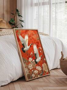 1 件优雅中国鹤帆布艺术 - 防水，水墨印刷墙面装饰，适用于客厅、卧室、办公室 - 独特的花卉和鸟类设计，无框 - 紅色 - 查看 2