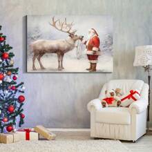 1pc Ready-To-Hang Wooden Frame Canvas Wall Art, Santa And His Reindeer Canvas Art Set For Living Room, Bedroom, Dining & Office Decor