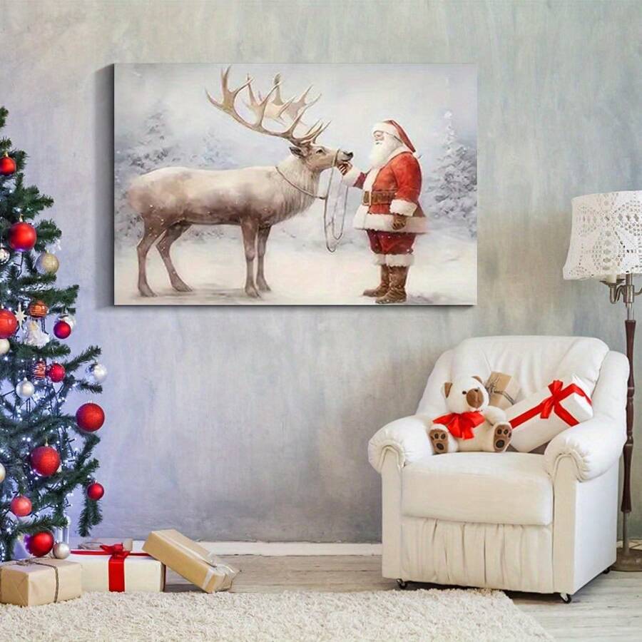 1pc Ready-To-Hang Wooden Frame Canvas Wall Art, Santa And His Reindeer Canvas Art Set For Living Room, Bedroom, Dining & Office Decor
