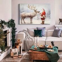 1pc Ready-To-Hang Wooden Frame Canvas Wall Art, Santa And His Reindeer Canvas Art Set For Living Room, Bedroom, Dining & Office Decor