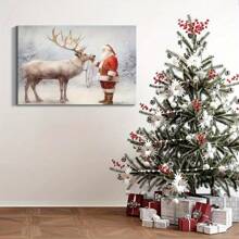 1pc Ready-To-Hang Wooden Frame Canvas Wall Art, Santa And His Reindeer Canvas Art Set For Living Room, Bedroom, Dining & Office Decor