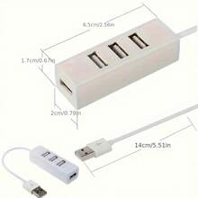 1pc Ultra-Compact 4-Port USB 2.0 Hub, High-Speed Mini USB Splitter Adapter For Laptop/PC/Notebook, 5.51-Inch Cable, Portable - Black/White