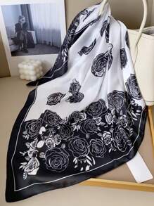 1pc Women Rose Bicolor Fashion Versatile Printed Soft Neck Scarf, Multifunctional Bandana Square Scarf