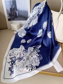 1pc Women Rose Bicolor Fashion Versatile Printed Soft Neck Scarf, Multifunctional Bandana Square Scarf