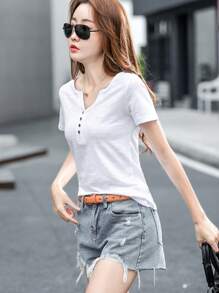 Camiseta Casual de bambú algodón Para Mujer Con Cuello En V - Blanco - Ver 5