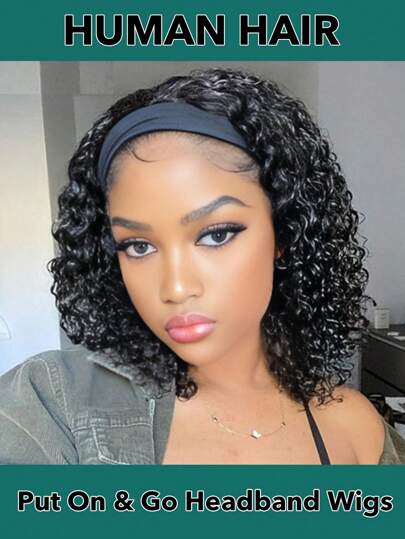 Peluca Bob corta rizada y encrespada con cinta para la cabeza, lista para usar, de cabello Remy 100% natural de color negro, hecha a máquina para mujeres principiantes y uso diario