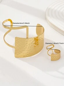1 Set Gold Geometric Shaped Bangle & Ring Set, American & European Style Popular Bracelet & Ring Combo, Women's Gift Set, Gold Metal Jewelry - Gold - View 4