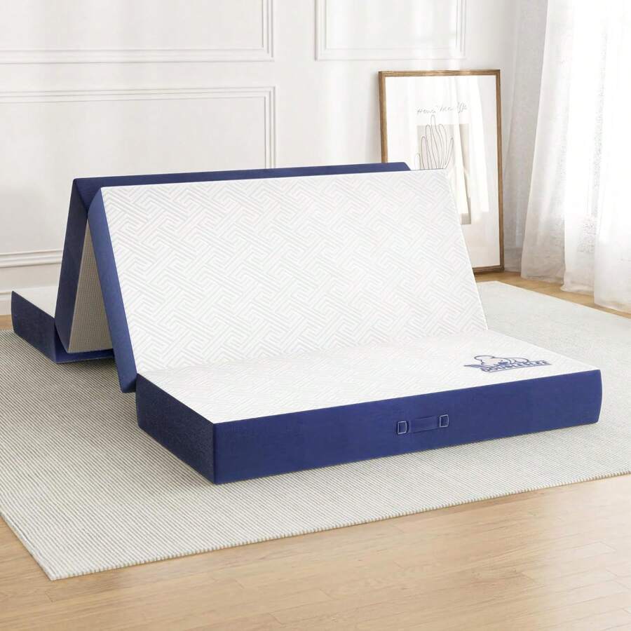 GartistGo Foldable Blue Guest Mattress, 4-Piece, H3 Hardness, 10 Cm Height, Removable Cover, Comfort Foam Core - 藍白色 - 查看 1