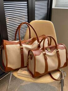 1pc Canvas Contrast Color Patchwork Fashion Duffle Bag, Unisex Travel Luggage, Suitable For Overnight Tay, Commuting, Short-Distance Travel(Small Size For Commuting, Large Size For Short-Trip) Travel Bag For Suitcase Overnight Bag Gym Bag Weekend Bag Duffel Bag For Luggage Carry On Bag College Bag Luggage Bags Weekender Bag Hospital Bag Holiday Waterproof Bag Winter Bag For School School Accessories School Stuff