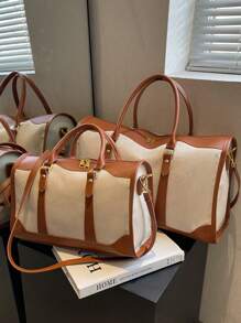 1pc Canvas Contrast Color Patchwork Fashion Duffle Bag, Unisex Travel Luggage, Suitable For Overnight Tay, Commuting, Short-Distance Travel(Small Size For Commuting, Large Size For Short-Trip) Travel Bag For Suitcase Overnight Bag Gym Bag Weekend Bag Duffel Bag For Luggage Carry On Bag College Bag Luggage Bags Weekender Bag Hospital Bag Holiday Waterproof Bag Winter Bag For School School Accessories School Stuff