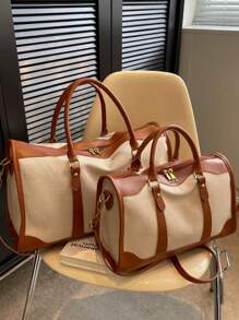 1pc Canvas Contrast Color Patchwork Fashion Duffle Bag, Unisex Travel Luggage, Suitable For Overnight Tay, Commuting, Short-Distance Travel(Small Size For Commuting, Large Size For Short-Trip) Travel Bag For Suitcase Overnight Bag Gym Bag Weekend Bag Duffel Bag For Luggage Carry On Bag College Bag Luggage Bags Weekender Bag Hospital Bag Holiday Waterproof Bag Winter Bag For School School Accessories School Stuff