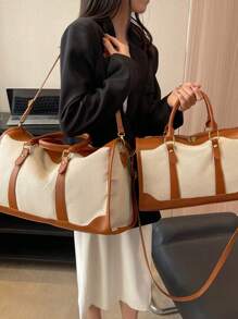 1pc Canvas Contrast Color Patchwork Fashion Duffle Bag, Unisex Travel Luggage, Suitable For Overnight Tay, Commuting, Short-Distance Travel(Small Size For Commuting, Large Size For Short-Trip) Travel Bag For Suitcase Overnight Bag Gym Bag Weekend Bag Duffel Bag For Luggage Carry On Bag College Bag Luggage Bags Weekender Bag Hospital Bag Holiday Waterproof Bag Winter Bag For School School Accessories School Stuff