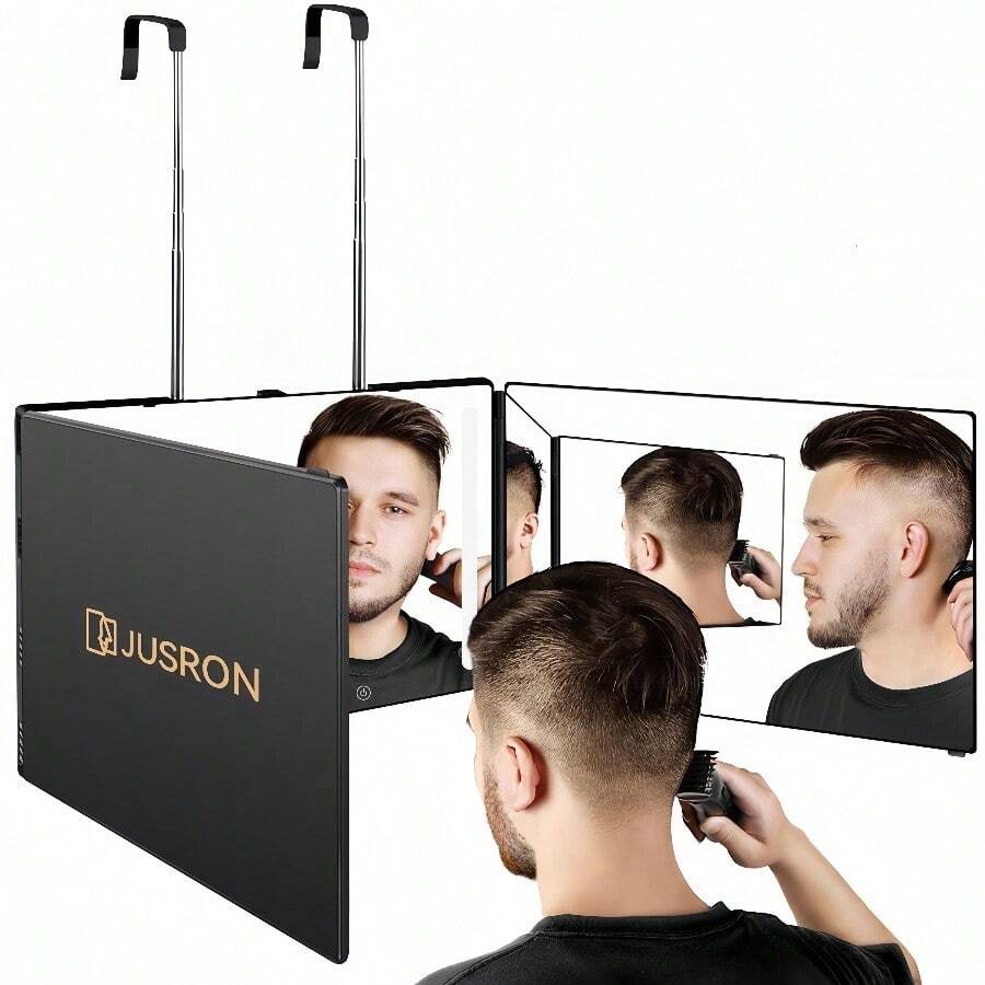 JUSRON 三面镜，360°视角，高清防雾玻璃，带LED灯，方便自理头发。价格实惠，适合情人节、旅行、旅行必备、房间装饰、情人节礼物、廉价商品、房间、1美元商品、度假必备、女士礼物、卧室、情人节等场合。 - 黑色 - 查看 1