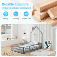 Lifezeal Twin Size Montessori Floor Bed For Toddler With Lockable Door Full-Length Guardrail Gray/White - 灰色 - 查看 4