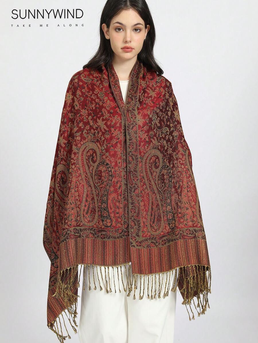 1pc Paisley Jacquard Scarf, All Season - Burgundy - View 1