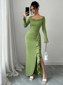 abyoxi Solid Color Sexy And Sweet Draped Neck Long Bell Sleeve Asymmetrical Waist Ruched Ruffle Hem High Side Slit Dress,Elegant,Dating,Back To School,Fall/Winter Clothes For Women - Green - View 4