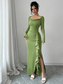 abyoxi Solid Color Sexy And Sweet Draped Neck Long Bell Sleeve Asymmetrical Waist Ruched Ruffle Hem High Side Slit Dress,Elegant,Dating,Back To School,Fall/Winter Clothes For Women - Green - View 3