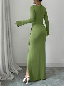 abyoxi Solid Color Sexy And Sweet Draped Neck Long Bell Sleeve Asymmetrical Waist Ruched Ruffle Hem High Side Slit Dress,Elegant,Dating,Back To School,Fall/Winter Clothes For Women - Green - View 2