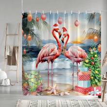 1 PC Christmas Shower Curtain Flamingo Xmas Tree Seaside Sea Waves Beautiful Bird Christmas Gifts New Year Holiday Decoration Bathroom Accessories Bath Batntub Partition Polyester Fabric Curtains With Hooks Home Bathroom Decor Fall Decor - Multicolor - View 3