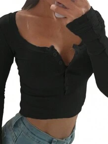 Women Knitted Henley Shirt Casual Solid Color Retro 1/2 Button Long Sleeve Crop Tops Streetwear Clubwear - 黑色 - 查看 2