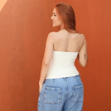 Women's Basic Tube Top, Strapless, Long, Double Polyamide Tube Top, Without Pads - Cream - View 2