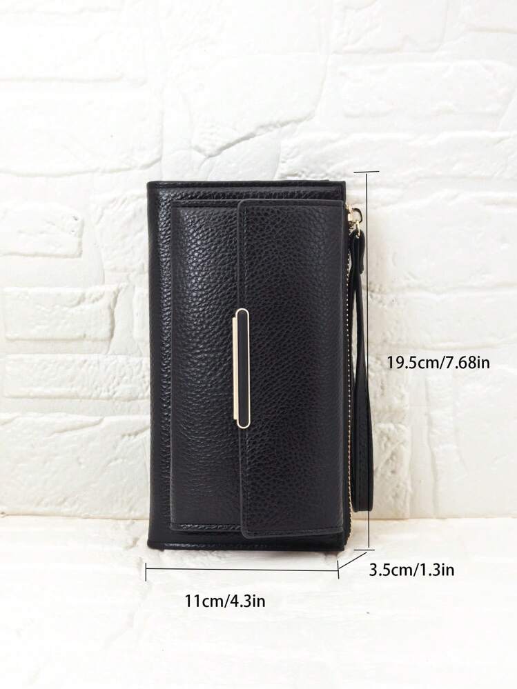 MINGYOU 新款女士折叠钱包，柔软PU材质，拉链设计，多功能大容量卡包零钱包，精致高品质，时尚休闲钱包，钥匙扣钱包，女士钱包，手拿包，长款钱包，腕包 - 黑色 - 查看 2