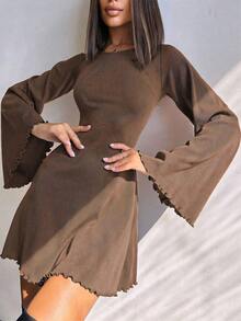 Đầm mini dáng chữ A cổ tròn tay chuông màu trơn khoét rỗng thắt dây, thời trang, gợi cảm, thích hợp cho mùa xuân. - màu nâu - Xem 3