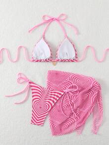 New Heartshaped Halter Lace-Up 3pcs Bikini Swimwear Set With Skirt, Women Beach Fashion Summer Swimwear - Pink - View 3