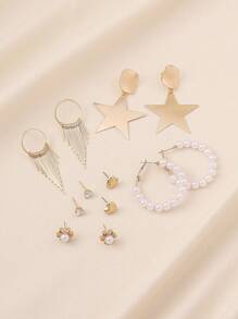 Bộ 6 đôi khuyên tai tròn hình học tua rua kim loại màu vàng hình ngôi sao ngọc trai, phù hợp với phụ nữ, phong cách đường phố thời trang, hẹn hò, hộp đêm, trang phục hàng ngày - Nhiều màu - Xem 7