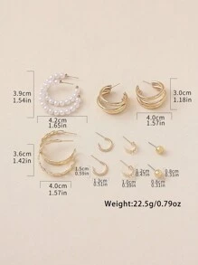 Bộ 6 đôi khuyên tai tròn hình học tua rua kim loại màu vàng hình ngôi sao ngọc trai, phù hợp với phụ nữ, phong cách đường phố thời trang, hẹn hò, hộp đêm, trang phục hàng ngày - Nhiều màu - Xem 6