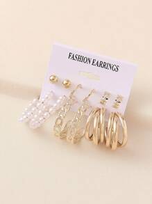 Bộ 6 đôi khuyên tai tròn hình học tua rua kim loại màu vàng hình ngôi sao ngọc trai, phù hợp với phụ nữ, phong cách đường phố thời trang, hẹn hò, hộp đêm, trang phục hàng ngày - Nhiều màu - Xem 4