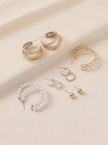 Bộ 6 đôi khuyên tai tròn hình học tua rua kim loại màu vàng hình ngôi sao ngọc trai, phù hợp với phụ nữ, phong cách đường phố thời trang, hẹn hò, hộp đêm, trang phục hàng ngày - Nhiều màu - Xem 10