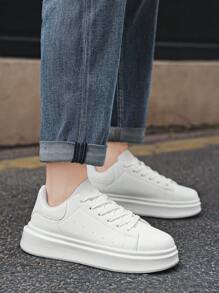 Men's Minimalist Fashion Solid Color Leather Front Lace-Up Casual Sneakers, Neutral Student Commute Daily Outdoor Sports Skateboard Shoes