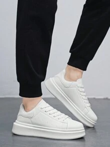 Men's Minimalist Fashion Solid Color Leather Front Lace-Up Casual Sneakers, Neutral Student Commute Daily Outdoor Sports Skateboard Shoes