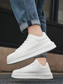 Men's Minimalist Fashion Solid Color Leather Front Lace-Up Casual Sneakers, Neutral Student Commute Daily Outdoor Sports Skateboard Shoes