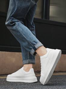 Men's Minimalist Fashion Solid Color Leather Front Lace-Up Casual Sneakers, Neutral Student Commute Daily Outdoor Sports Skateboard Shoes