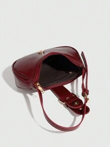 Fashionable Women Burgundy Color Shoulder Bag, Vintage Simple Handbag, Crescent Saddle Bag, Leopard Print Mini Handbag, Adjustable Strap, Glossy Oilcloth Shoulder Bag, Christmas Gift Bag, Fashionable Burgundy Bag , Old Money , Burgundy Bag - Burgundy - View 6