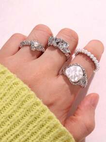 4 件套复古优雅金属银色几何珍珠戒指套装，适合女士、日常佩戴和节日礼物 - 彩色 - 查看 9