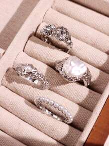 4 件套复古优雅金属银色几何珍珠戒指套装，适合女士、日常佩戴和节日礼物 - 彩色 - 查看 8