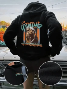 女士新款秋冬肖像印花连帽运动衫，休闲街头时尚潮流嘻哈风格 - 黑色 - 查看 7