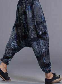 亚麻混纺男士抽绳哈伦裤，波西米亚风沙滩裤，休闲宽松街头风裤子，适合嘻哈/说唱音乐风格