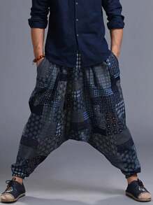 亚麻混纺男士抽绳哈伦裤，波西米亚风沙滩裤，休闲宽松街头风裤子，适合嘻哈/说唱音乐风格