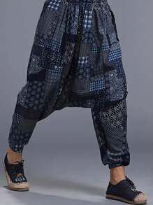 亚麻混纺男士抽绳哈伦裤，波西米亚风沙滩裤，休闲宽松街头风裤子，适合嘻哈/说唱音乐风格