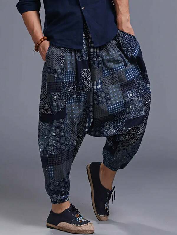 Pantalón harén con cordón, mezcla de lino, para hombre. Pantalón de playa con estampado bohemio, pantalón casual y suelto para estilo urbano de hip-hop/rap