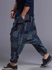 亚麻混纺男士抽绳哈伦裤，波西米亚风沙滩裤，休闲宽松街头风裤子，适合嘻哈/说唱音乐风格
