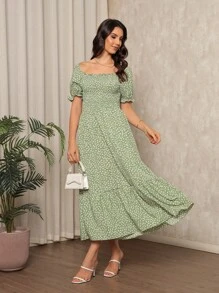 Long Dress With Puffed Sleeves Elastex Print - Màu xanh Bạc hà - Xem 4