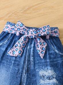 2 件套年轻女孩时尚豹纹长袖上衣和牛仔效果腰带裤套装，儿童春夏季服装 - 紫色 - 查看 3